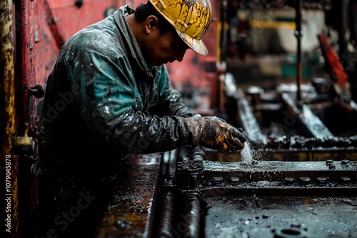Wallpaper Mural Craftsmanship in action as a worker repairs machinery on a rainy day at a dockyard. Generative AI Torontodigital.ca