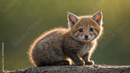 A small, brown kitten sits on a log in the wilderness, looking directly at the camera