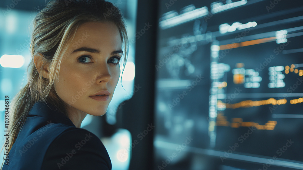 A Focused Woman Analyzing Data on a Computer Screen in a Modern Office Environment During the Evening Hours A Focused Woman Analyzing Data on a Computer Screen in a Modern Office Environment During the Evening Hours