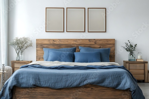 Rustic wooden bed with blue pillows and two bedside cabinets against white wall with three posters frames. Farmhouse interior design of modern photo