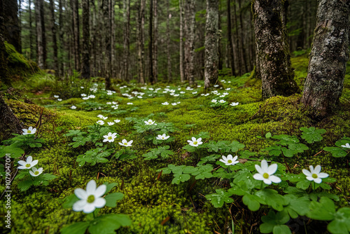 Lush green moss covering the forest floor with tiny white flowers peeking through photo