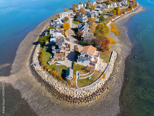 Sunset Point aerial view in fall with historic waterfront building in Hingham Bay, town of Hull, Massachusetts MA, USA.  photo