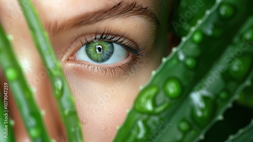 Closeup of a beautiful eye with fresh aloe leaves / skin care beauty concept