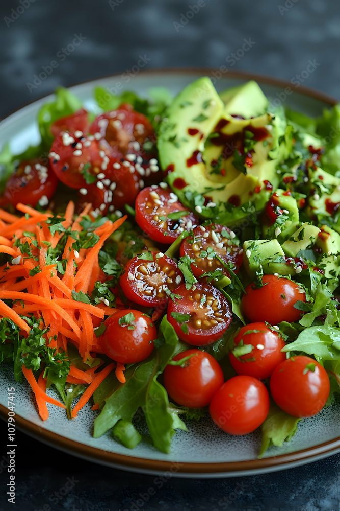 Fresh salad with avocado, cherry tomatoes, carrots, and lettuce on a plate. Fresh salad with avocado, cherry tomatoes, carrots, and lettuce on a plate.