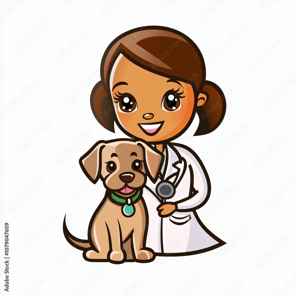 Obraz premium cute female veterinarian and dog mascot character logo, kawaii style, isolated on white