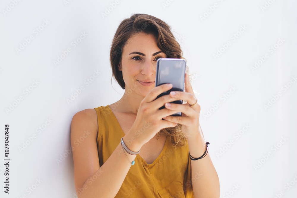 Woman taking selfie on smartphone and smiling Woman taking selfie on smartphone and smiling