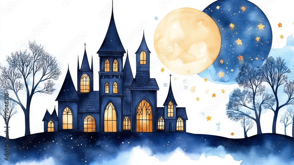 Enchanting Night Scene Gothic Castle Moon Stars Trees Enchanting Night Scene Gothic Castle Moon Stars Trees