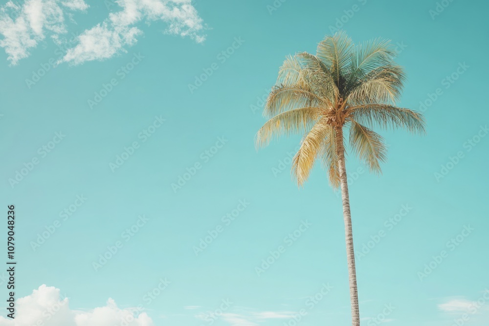 Fototapeta premium Tropical Paradise: Green Palm Tree against Blue Sky on Exotic Island