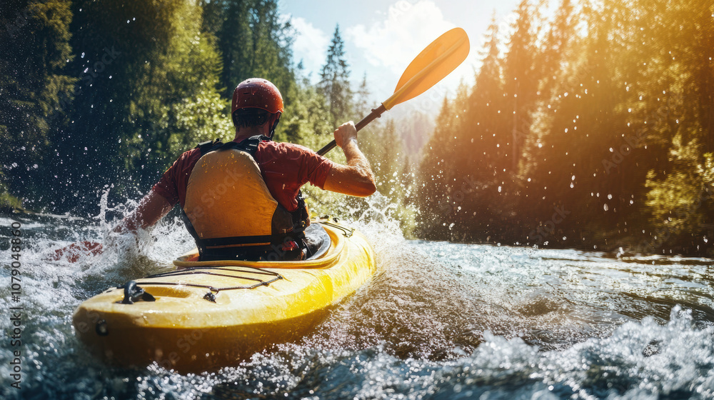 A kayaker rafting struggling with water splashes in boat in rapid river in mountain A kayaker rafting struggling with water splashes in boat in rapid river in mountain