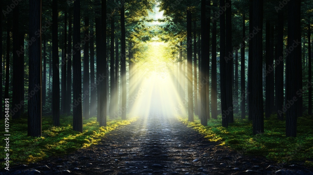 Fototapeta premium Sunbeams through Forest Path Mystical Nature Scene