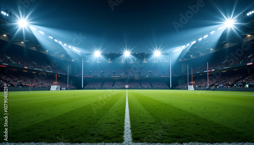 A vibrant rugby stadium illuminated by bright floodlights as teams prepare for an exciting match under a starry night sky