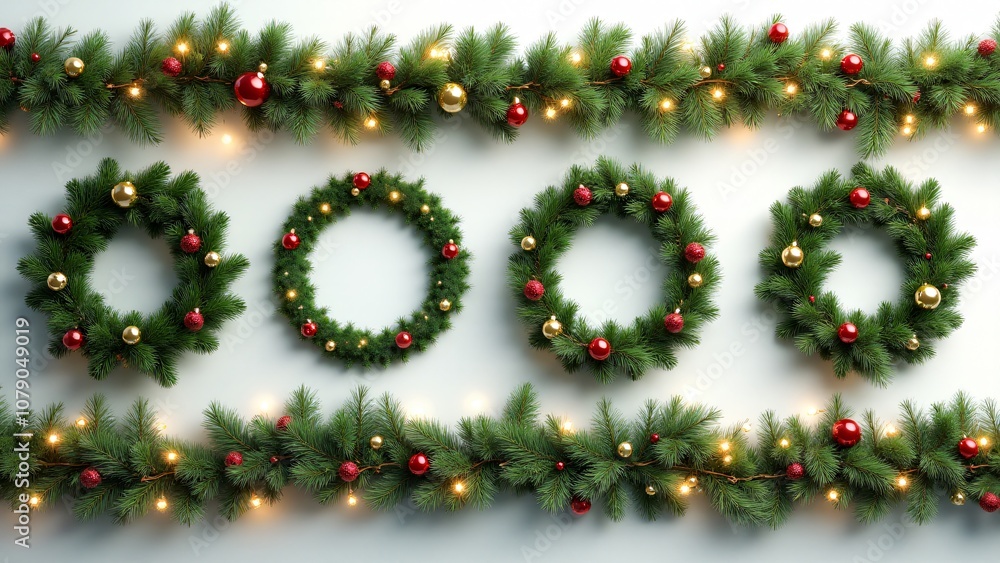 Christmas garland set featuring multiple green pine arrangements decorated with holiday ornaments and twinkling lights Christmas garland set featuring multiple green pine arrangements decorated with holiday ornaments and twinkling lights