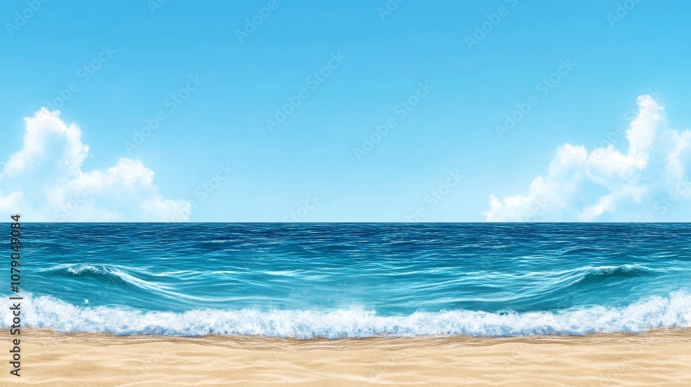 Obraz premium Sunny Beach Scene Ocean Waves Blue Sky Sandy Shore