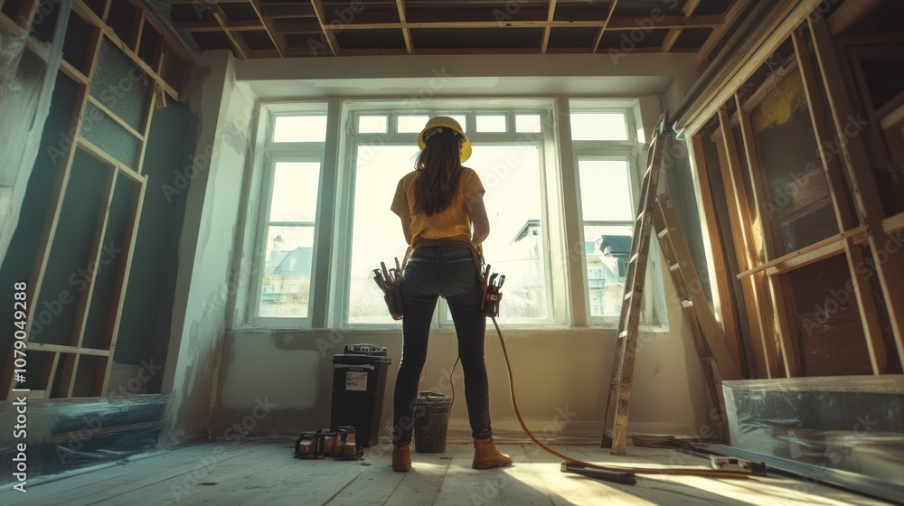 Construction Worker in an Unfinished Room Construction Worker in an Unfinished Room