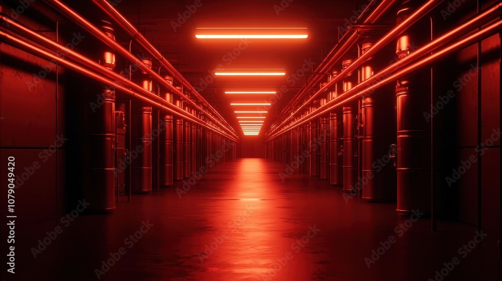 Heavily secured octane facility with illuminated pathways and warning signage, octane plant, secure nighttime operations Heavily secured octane facility with illuminated pathways and warning signage, octane plant, secure nighttime operations