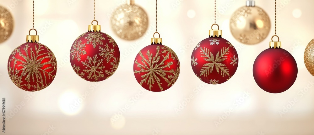 A row of red and gold Christmas ornaments hanging from a string A row of red and gold Christmas ornaments hanging from a string
