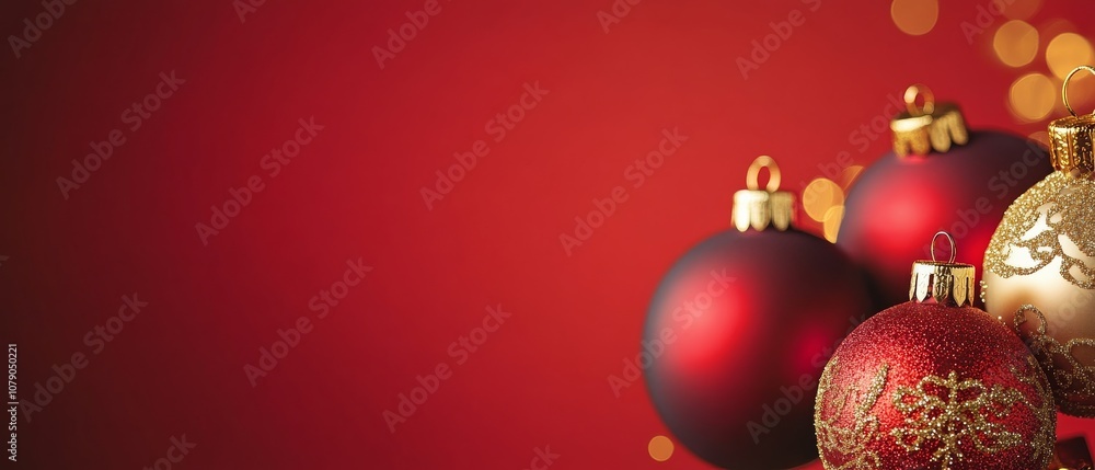A red background with four red and gold Christmas ornaments A red background with four red and gold Christmas ornaments