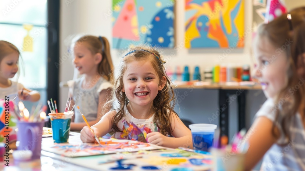 Fototapeta premium Happy girl painting with friends in colorful art class filled with creativity and joy.
