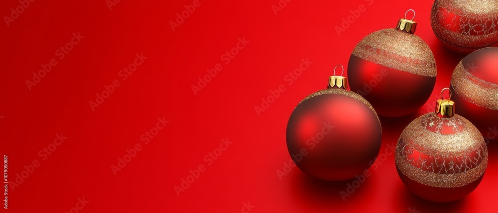 A red background with four red and gold Christmas ornaments A red background with four red and gold Christmas ornaments