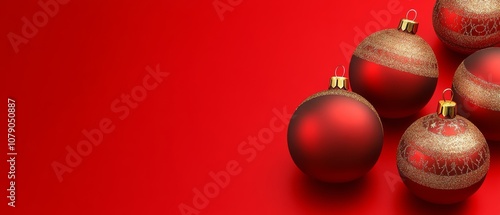 A red background with four red and gold Christmas ornaments