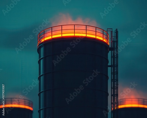 Octane refinery at dawn with operational lights, octane processing, early morning energy operations