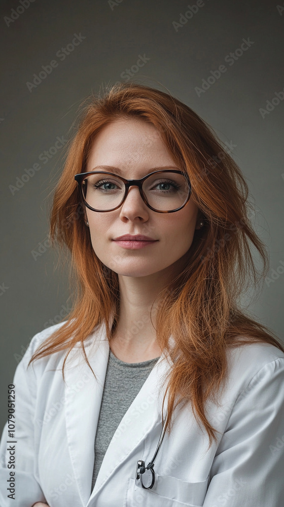 Professional female doctor with red hair and eyeglasses, wearing white coat, exuding confidence and expertise in studio setting Professional female doctor with red hair and eyeglasses, wearing white coat, exuding confidence and expertise in studio setting