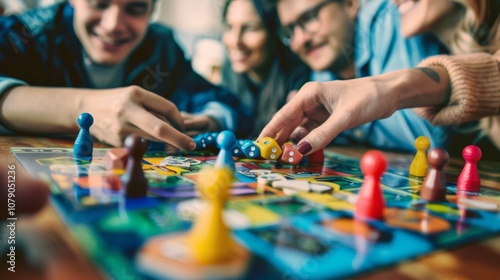Friends enjoying a fun board game night with colorful pieces and laughter around a table.