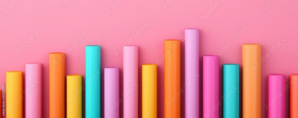 A colorful arrangement of cylindrical shapes on a pink background, creating a vibrant visual effect. A colorful arrangement of cylindrical shapes on a pink background, creating a vibrant visual effect.