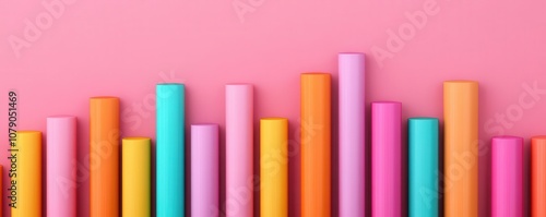 A colorful arrangement of cylindrical shapes on a pink background, creating a vibrant visual effect.