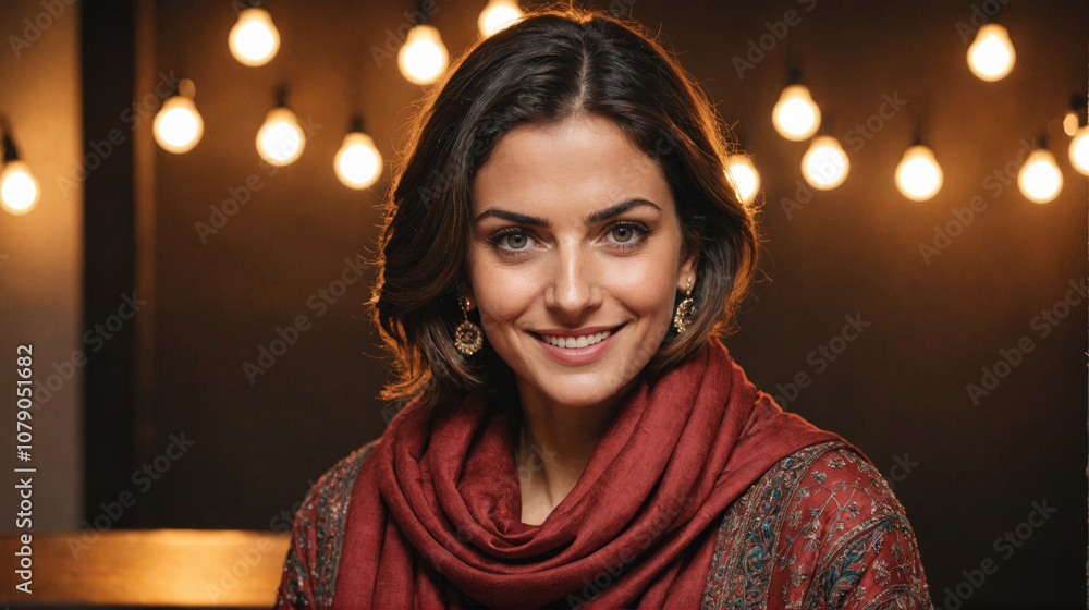 A woman with short, dark hair smiles in front of a backdrop of warm, yellow lights A woman with short, dark hair smiles in front of a backdrop of warm, yellow lights