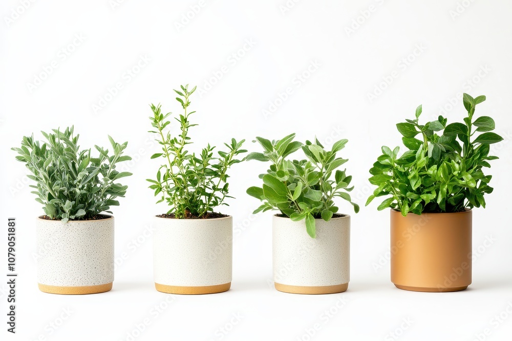 A lineup of different potted plants in modern ceramic pots, displayed on a white background A lineup of different potted plants in modern ceramic pots, displayed on a white background