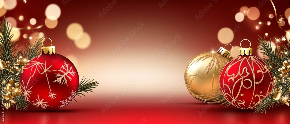 A red and gold Christmas tree with three ornaments on it A red and gold Christmas tree with three ornaments on it