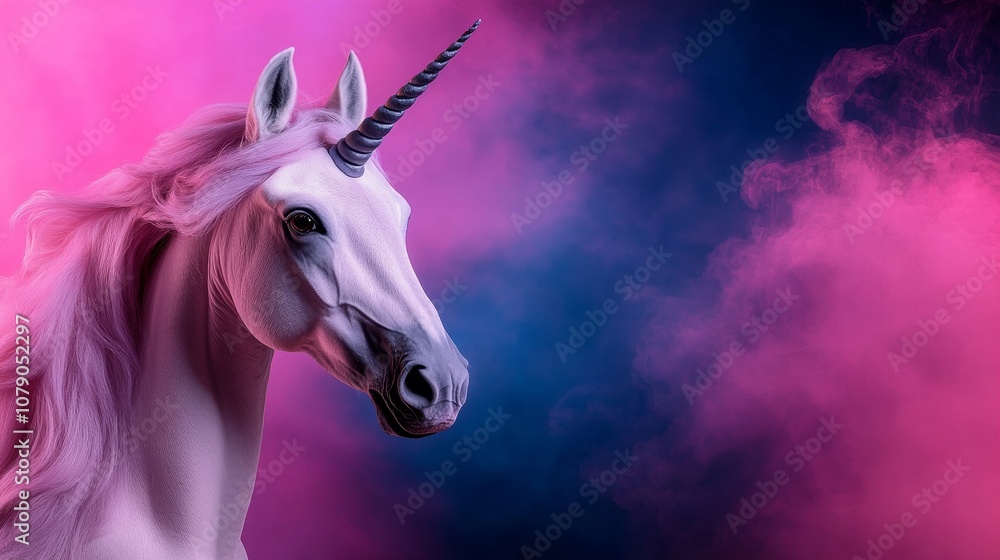 Fototapeta premium Magical Unicorn Portrait Pink Hair Dark Background Fantasy Horse