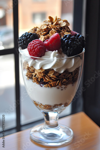 A healthy breakfast parfait made with Greek yogurt, granola, and fresh berries photo