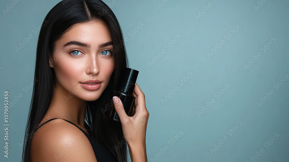 A Young Woman Showcasing a Stylish Perfume Bottle Against a Light Blue Background, Highlighting Her Natural Beauty and Confidence in a Studio Setting A Young Woman Showcasing a Stylish Perfume Bottle Against a Light Blue Background, Highlighting Her Natural Beauty and Confidence in a Studio Setting
