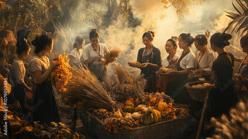 A Group of Women Gathering Crops in a Golden Forest A Group of Women Gathering Crops in a Golden Forest