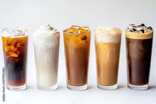 Wallpaper Mural A lineup of six different iced coffee drinks isolated on white background Torontodigital.ca