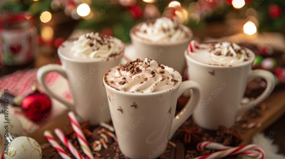 Delicious hot chocolate mugs topped with whipped cream and chocolate shavings, perfect festive treat for winter gatherings. Delicious hot chocolate mugs topped with whipped cream and chocolate shavings, perfect festive treat for winter gatherings.