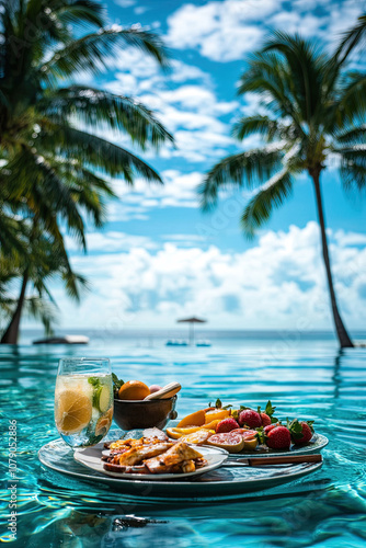 Breakfast in swimming pool, floating breakfast in tropical resort. Table relaxing in calm pool water, healthy breakfast and fruit plate by resort pool. Exotic summer diet. Tropical beach lifestyle photo