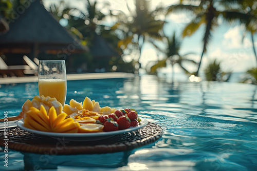 Breakfast in swimming pool, floating breakfast in tropical resort. Table relaxing in calm pool water, healthy breakfast and fruit plate by resort pool. Exotic summer diet. Tropical beach lifestyle photo