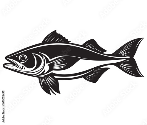 Sea cod fish on a white background, Tuna fish silhouette vector illustration, Sea fish silhouette icon