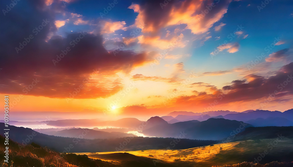 Mountain valley painted in vibrant sunset colors, beauty of nature landscape. Hiking and eco tourism Mountain valley painted in vibrant sunset colors, beauty of nature landscape. Hiking and eco tourism