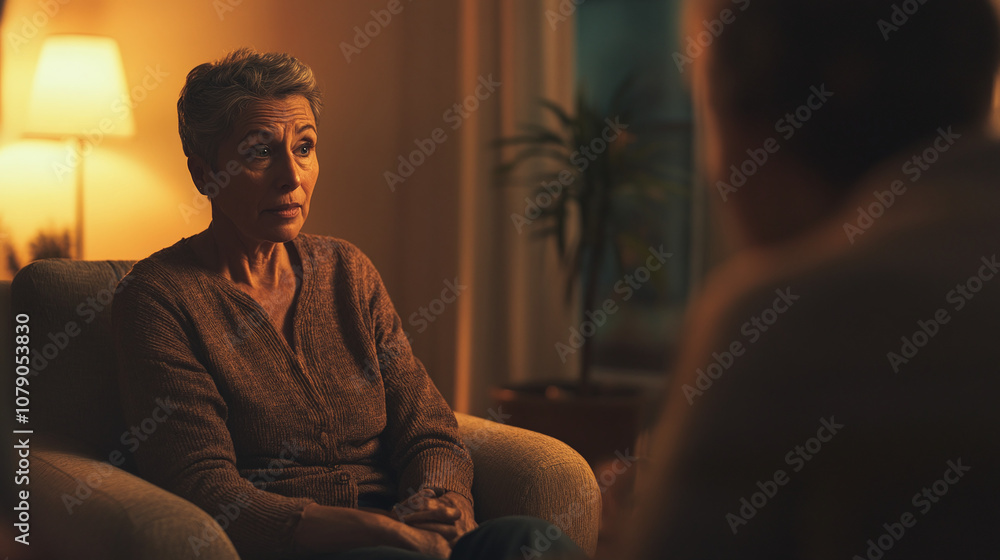 A Thoughtful Woman Engaged in Deep Conversation in a Softly Lit Living Room During the Evening, Surrounded by Cozy Atmosphere and Warm Lighting A Thoughtful Woman Engaged in Deep Conversation in a Softly Lit Living Room During the Evening, Surrounded by Cozy Atmosphere and Warm Lighting