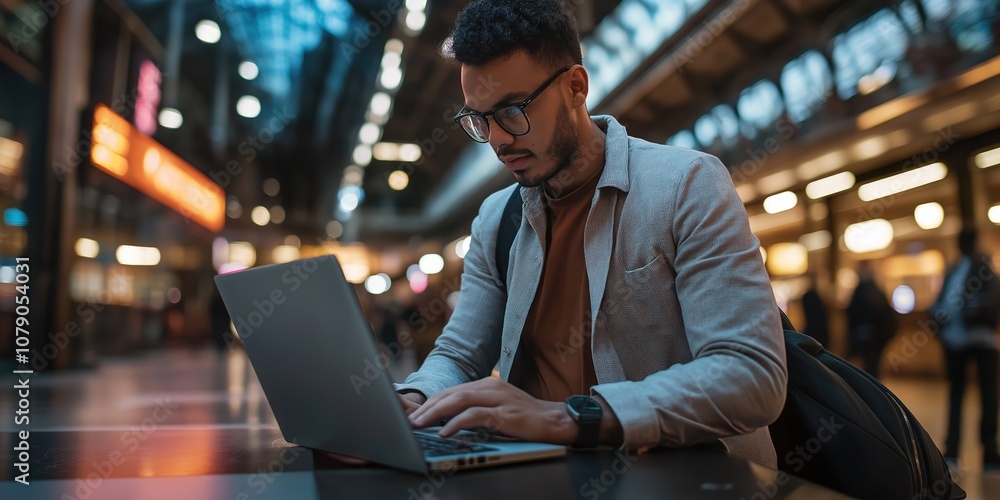 A man is sitting at a table with a laptop, typing on it. He is wearing glasses and a gray shirt. Concept of productivity and focus, as the man is working on his laptop in a public space A man is sitting at a table with a laptop, typing on it. He is wearing glasses and a gray shirt. Concept of productivity and focus, as the man is working on his laptop in a public space