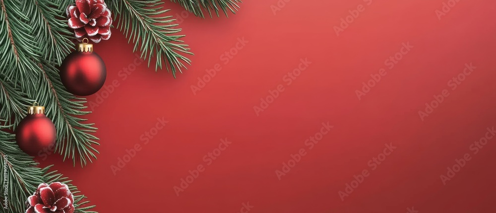A red background with a Christmas tree and red ornaments