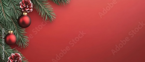 A red background with a Christmas tree and red ornaments