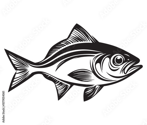Sea cod fish on a white background, Tuna fish silhouette vector illustration, Sea fish silhouette icon