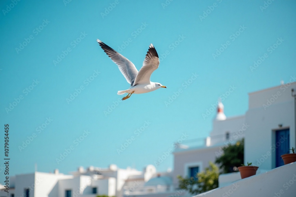 Seagull flies over the sea. Against the bright blue southern sky and white houses - generative AI Seagull flies over the sea. Against the bright blue southern sky and white houses - generative AI