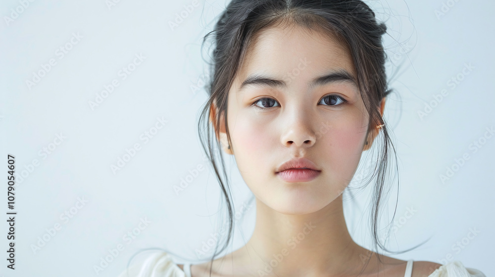 A Young Woman With a Serene Expression Poses Against a Light Background, Showcasing Natural Beauty and Soft Features During a Calm Indoor Setting A Young Woman With a Serene Expression Poses Against a Light Background, Showcasing Natural Beauty and Soft Features During a Calm Indoor Setting