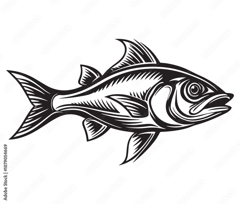 Fototapeta premium Sea cod fish on a white background, Tuna fish silhouette vector illustration, Sea fish silhouette icon